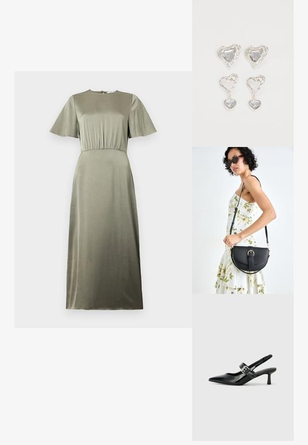 Olívazöld ruha kerek nyakkivágással, rövid ujjakkal és ráncolt derékkal. Simább, enyhén texturált anyag jellemzi.; Fekete lakkbőr slingback sarkú cipők hegyes orral és kis blokk talppal, ezüst csat díszítéssel a pánton.; Fekete bőrtáska ívelt formával, levehető pánttal és arany színű fémrészekkel. A táskán egy csattal díszített fedél található.; Ez az ezüst szív alakú fülbevaló sima, átlátszó kövekkel rendelkezik, texturált kerettel. A készlet stud és csepp stílust is tartalmaz.