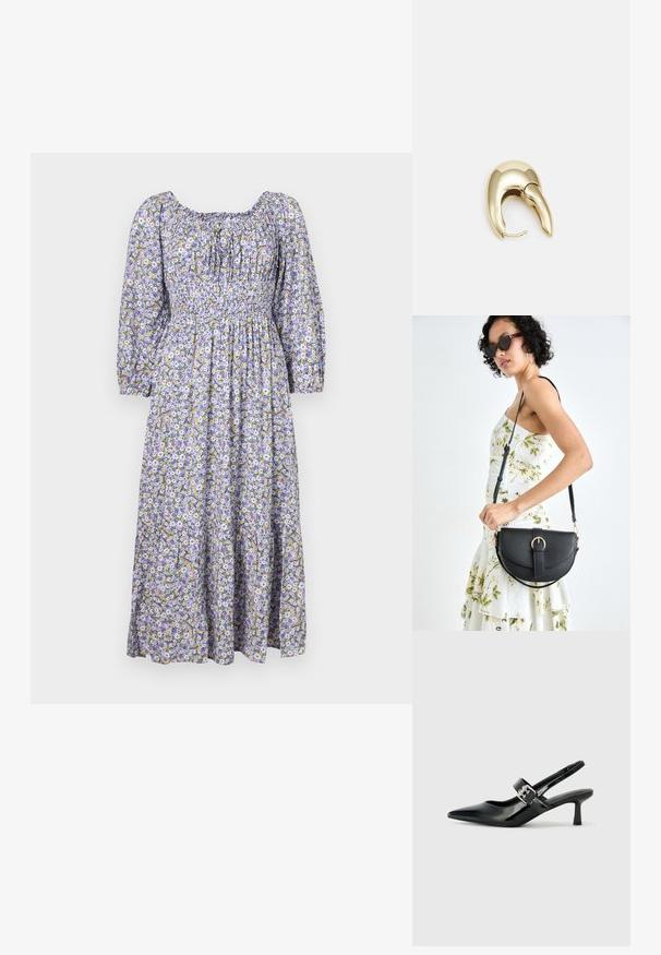 Rochie maxi cu imprimeu florar în nuanțe de mov, cu mâneci bufante, un corset elastic și fustă în straturi cu flori mici galbene și albe.; Sandale cu toc din piele patent neagră, cu vârful ascuțit și un toc mic bloc, având un accent cu cataramă argintie pe curea.; Geantă din piele neagră, cu o formă curbată, curea detașabilă și accesorii aurii. Geanta are un capac cu un detaliu tip cataramă.; Cercei din metal de culoare aurie cu un design elegant și curbat. Prezintă o formă distinctivă, ascuțită, o suprafață lustruită și un sistem de închidere cu balama.