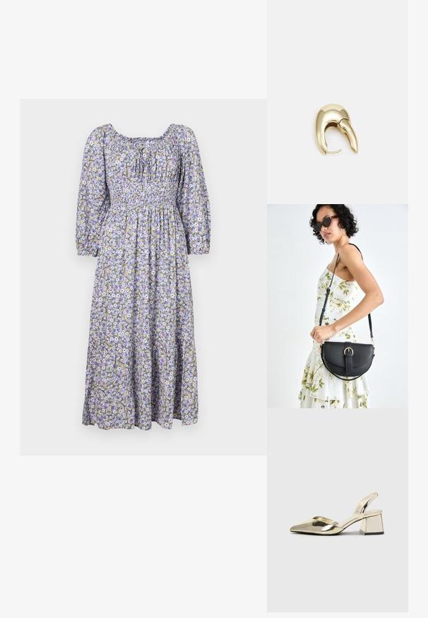 Maxiklänning med blommigt mönster i lila, med puffärmar, smockad bodice och flerlagrad kjol med små gula och vita blommor.; Guld, metalliska slingback-klackar med spetsig tå och chunky klack. Slät textur, minimalistisk design och en smal rem.; Svart läderhandväska med en böjd form, avtagbar rem och guldiga detaljer. Väskan har ett lock med en spänndetalj.; Örhänge i guldtonad metall med en elegant, böjd design. Har en distinkt spetsig form, polerad yta och gångjärnslås.