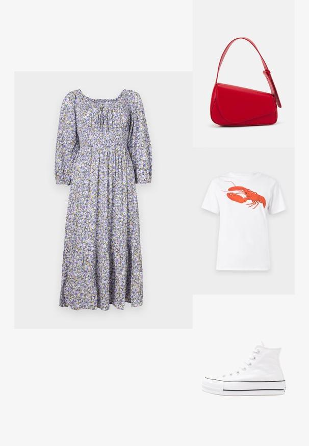 Maxiklänning med blommigt mönster i lila, med puffärmar, smockad bodice och flerlagrad kjol med små gula och vita blommor.; Vit bomull t-shirt med en stor, lysande röd hummergrafik på framsidan. Kortsleeves och standard rundad halsdesign.; Vit hög topp canvas sneaker med svart gummisulan, framsidan gummitåhätta och sex öglor för snören, med en ren, minimalistisk design.; Röd läderhandväska med en vinkelrät, geometrisk design. Har ett justerbart axelband och en klaffstängning med sydda detaljer.