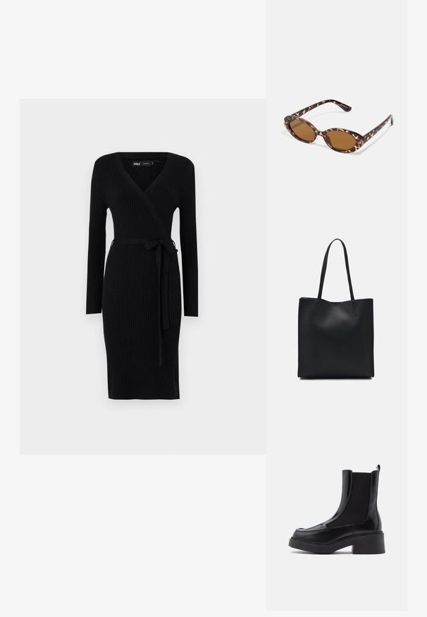 Vestido envolvente preto com nervuras em malha, mangas longas, decote em V profundo e cinto de tecido a condizer na cintura. Apresenta uma silhueta reta e fenda lateral.; Botas Chelsea pretas com um salto robusto, apresentando um cabedal de pele brilhante e painéis laterais elásticos para um calçar fácil. Sola de borracha sólida.; Óculos de sol em tartaruga com lentes ovais, com tonalidade castanha, hastes finas com padrão texturizado, estrutura leve em plástico.; Bolsa tote preta em couro com textura lisa, forma retangular e duas alças longas. Sem hardware ou enfeites visíveis.