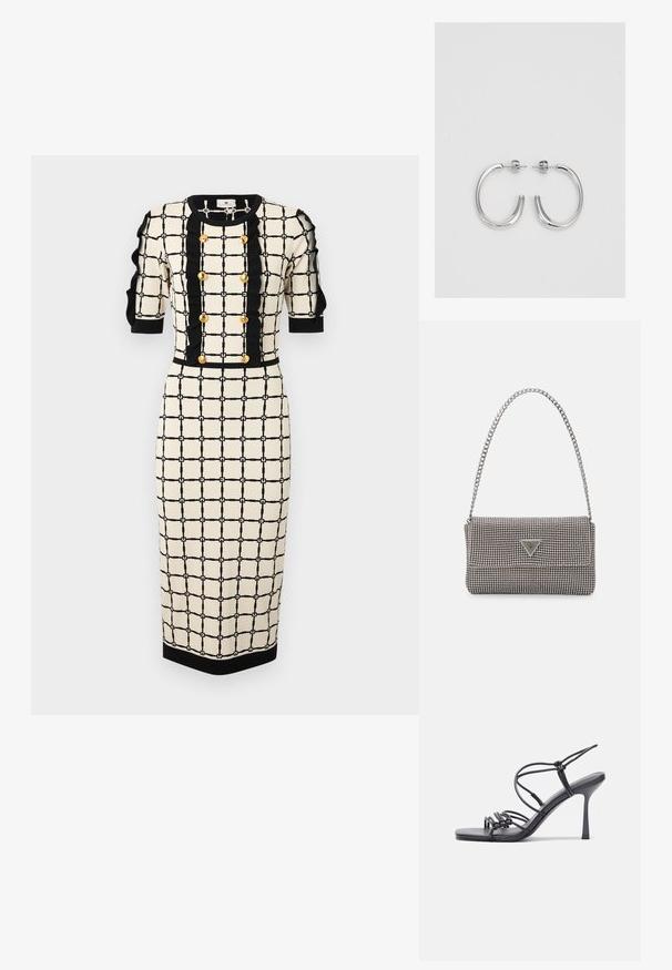 Beige mekko mustalla ruudukko-kuvioinnilla, lyhyet puff-hihat ja kultaiset napit. Ominaisuuksiin kuuluu vartalonmyötäinen siluetti ja polvipituinen muotoilu.; Mustat korkokengät sandaalit, joissa on ohuet hihnat solmittuna, sileä neliön muotoinen varvasosa ja tyylikäs stiletto-korko.; Vaalea harmaa metallinen käsilaukku, jossa on ketjusanka. Laukku on koristeltu pienillä pyöreillä metallikoruilla ja kolmion muotoisella brändilogolla.; Hopeiset korvarenkaat, joissa on sileä ja kiiltävä pinta, kaareva muoto ja piikkikiinnitys. Minimalistinen muotoilu modernilla viimeistelyllä.