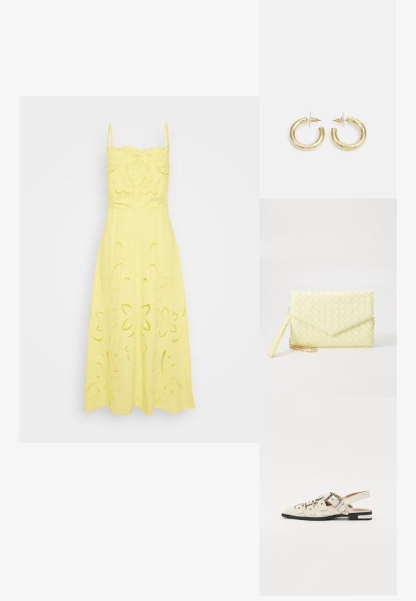 Rumena bombažna obleka s tankimi naramnicami; vsebuje vezenine cvetnih vzorcev in izrezane detajle po vsej dolžini krila in zgornjega dela.; Sandal v slogu z odprtim peto v beli usnjeni obvali z več širokimi trakovi in srebrnimi zaponkami; ravni podplat z majhno črno peto in kovinskimi detajli.; Rumena pletena torbica za ključe z zapiralom, odstranljivim zapestnim trakom in zlatim verižnim poudarkom. Gladka tekstura in pravokotna oblika.; Zlate uhane v obliki obročkov z gladko, sijočo površino. Krožna zasnova s majhnim nosilcem in prozornim podplatom za varno nošenje.