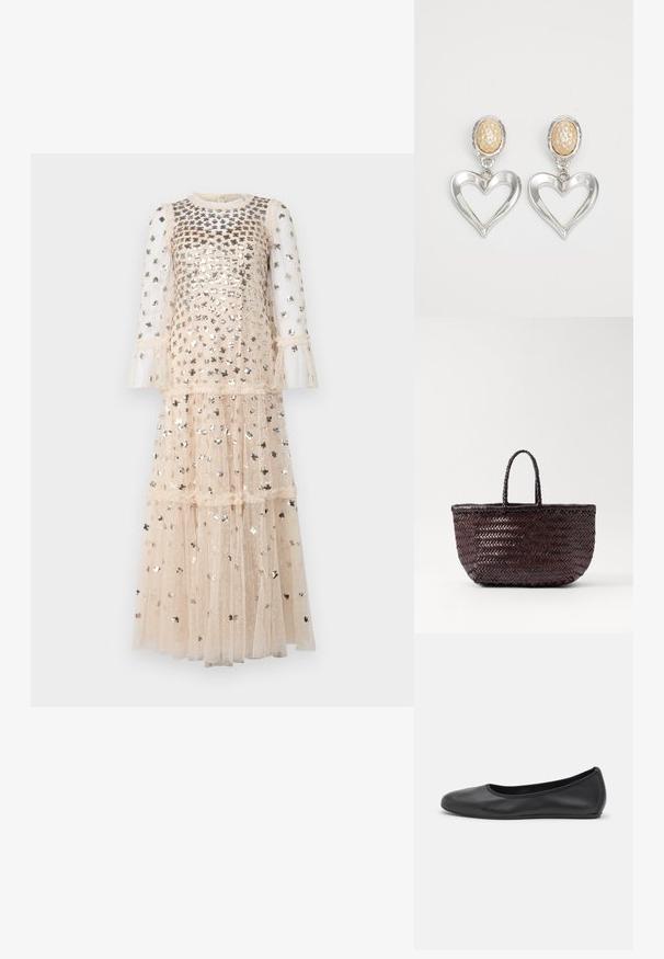 Needle & Thread GLISTEN TIERED GOWN - Gallakjole - dust beige/silver dus; Sort læderballetsko med rund tå, glat tekstur, minimal syning og et fleksibelt såldesign.; DRAGON DIFFUSION BAMBOO TRIPLE JUMP SMALL - Håndtasker - dark brown; Sølv hjerteformede øreringe med en blank finish. Hver ørering har en tekstureret beige oval stud. Elegant og let design.