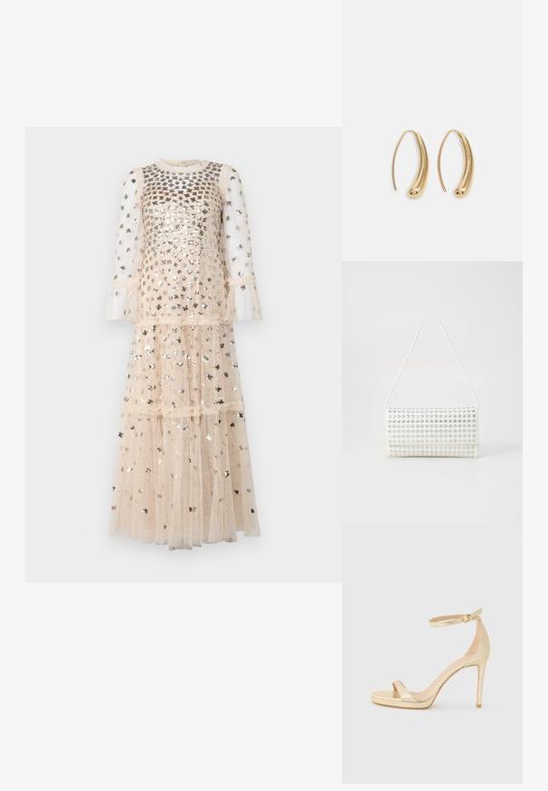 Needle & Thread GLISTEN TIERED GOWN - Gallakjole - dust beige/silver dus; Guldmetal højhælede sandaler med åben tå, ankelrem med spænde og en platformsål for ekstra højde. Glat overflade.; Hvid håndtaske med en rund form, der har en tekstureret overflade af sølvnitter. Den har en tynd skulderrem og en elegant lukning.; Guldfarvede metal hoops øreringe med en bøjet, forlænget form. Har en glat, skinnende overflade og en afrundet spids for ekstra detalje.