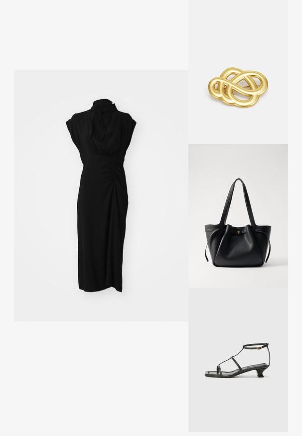 Robe noire avec un col montant, des manches courtes et des détails froncés à la taille, présentant un tissu lisse et texturé et une coupe au genou.; Sandale en cuir noir avec un bout carré, des fines lanières, une bride de cheville ajustable et un petit talon. Présente un petit accent doré sur la lanière.; Sac en cuir noir avec deux longues anses, un haut resserré et un accent circulaire doré. Texture lisse avec un design minimaliste.; Broche doré présentant un design noué avec des lignes lisses et courbées, et une forme complexe, reflétant une finition polie.
