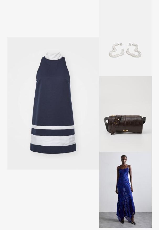 STAUD AHOY DRESS - Vapaa-ajan mekko - navy/ivory; Sininen ja violetti eläinkuosinen maksimekko ohuiden hihnojen kanssa, istuva yläosa, levenevä helma ja läpikuultava yksityiskohtainen päällyste.; Ruskea krokotiilinkuosilla varustettu nahkalaukku, jossa on sylinterimäinen muoto, kultasävyiset yksityiskohdat ja irrotettava hihna, jossa on niittejä.; Korvakorut hopean sävyssä, joissa on aaltoileva, abstrakti muotoilu, koristeltuna pienillä, kimaltavilla kristalleilla. Vakuuttava paikkakiinnitys.
