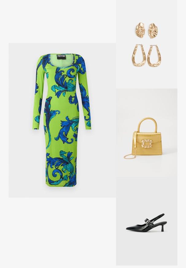 Sukienka z długim rękawem w intensywnie zielonym materiale, zdobiona odważnymi niebieskimi kwiatowymi wzorami. Skrojona z okrągłym dekoltem i dopasowanym fasonem.; Czarne lakierowane szpilki slingback z wąskim noskiem i małym słupkiem, z ozdobnym srebrnym klamrą na pasku.; Żółta torebka z faux-krokodylka o wyrafinowanej konstrukcji, z górnym uchwytem, odpinanym łańcuszkiem oraz dekoracyjnym kryształowym zdobieniem na zapięciu.; Złote kolczyki w odcieniu, prezentujące teksturowane, faliste kształty. Zawierają rzeźbiarskie klipsy i otwarty projekt kółek z młotkowanym wykończeniem.