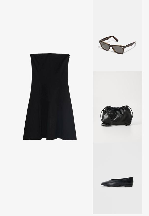 Svart strapless klänning med en tät bodice som vida utåt vid nederkanten. Slät tyg med sömmar för form och en dold dragkedja i ryggen.; Svart lädersko med platt sula, spetsig tå, lätt upphöjd klack och slät yta. Enkelt design utan synlig hårdvara eller mönster.; Sköldpadds sunglasses med grå linser och en fyrkantig ram, med metalliska detaljer på stängerna och logotypen inom designen.; Svart läderhandväska med samlad design, dubbel dragsko-stängning och avtagbar axelrem. Har metalliskt logotypdetalj.