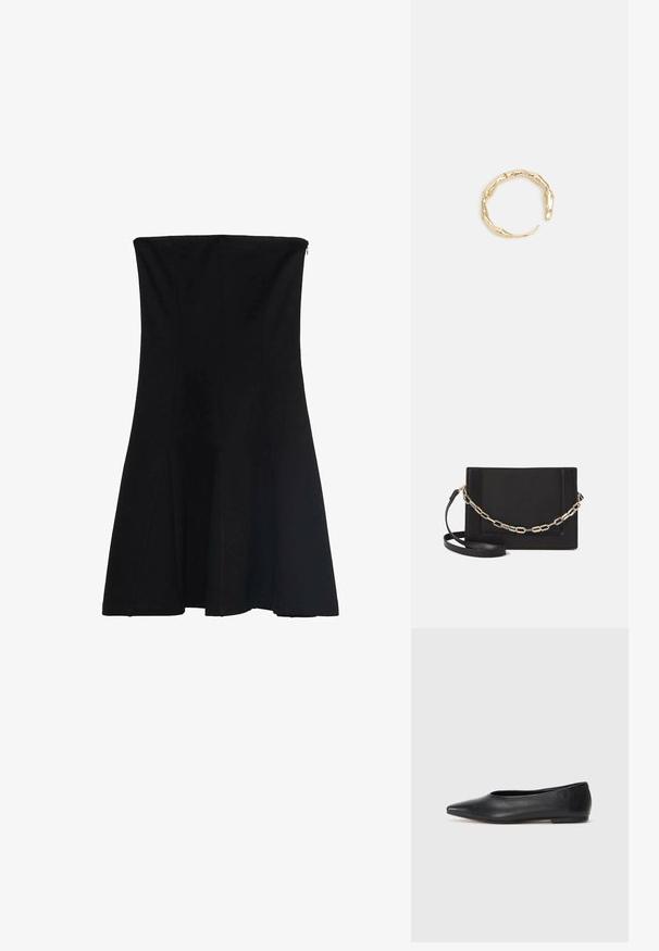 Czarna sukienka bez ramiączek z dopasowaną górą, która rozszerza się ku dołowi. Gładki materiał z zaszewkami dla lepszego kształtu oraz ukryty zamek z tyłu.; Czarne baleriny z lakierowanej skóry, spiczasty nosek, minimalistyczny design, gładka faktura, niskie obcasy, bez widocznych elementów metalowych czy ozdób.; Czarna skórzana torebka typu crossbody z gładką teksturą, prostokątnym kształtem oraz metalowym detalem w postaci łańcuszka z przodu. W zestawie regulowany pasek.; Pierścionek w odcieniu złota z organicznym, skręconym wzorem, o gładkiej fakturze i zwężających się końcach, tworzący nowoczesny, rzeźbiarski wygląd.