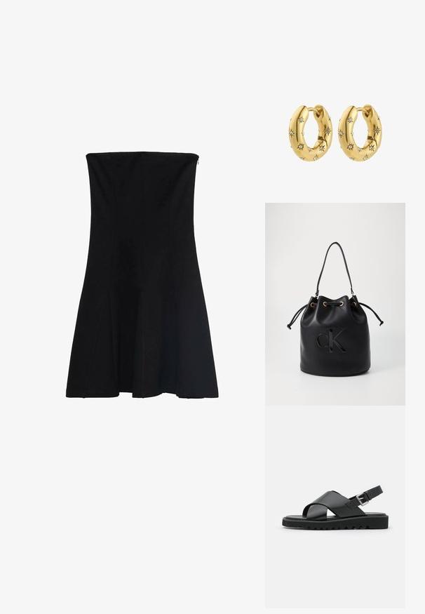 Čierne šaty bez ramienok s priliehavým korzetom, ktoré sa na spodnom okraji rozširujú. Hladká tkanina s vypchávkami pre tvar a skrytý zips na zadnej strane.; Čierne kožené sandále s dizajnom krížového pásu, nastaviteľnou prackou a textúrovanou podrážkou s drážkami pre lepšiu priľnavosť.; Čierna kožená vedierková taška so sťahovacím uzáverom, so lesklým logom "CK" na prednej strane a zlatými kovovými detailmi.; Zlaté kruhové náušnice s hladkým, textúrovaným povrchom, zdobené malými hviezdičkovými akcentmi a bezpečným uzatváracím mechanizmom.