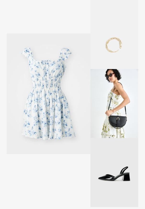 Ziedu kleita ar īsām volāna piedurknēm, balts audums, uz kura ir zili ziedi, elastīga josta un planda svārku daļa.; Melna lakota āda ar atvērto papēdi, ar smailu purngalu un ģeometrisku blokpapēdi. Iezīmējas elegants, minimāls dizains un gluda tekstūra.; Melnas ādas rokassoma ar izliekta formu, noņemamu siksnu un zelta aksesuāriem. Somai ir vāciņš ar sprādzes detaļu.; Zelta toņa gredzens ar organisku, vērptu dizainu, gludu virsmu un sašaurinātiem galiem, radot mūsdienīgu, skulpturālu izskatu.