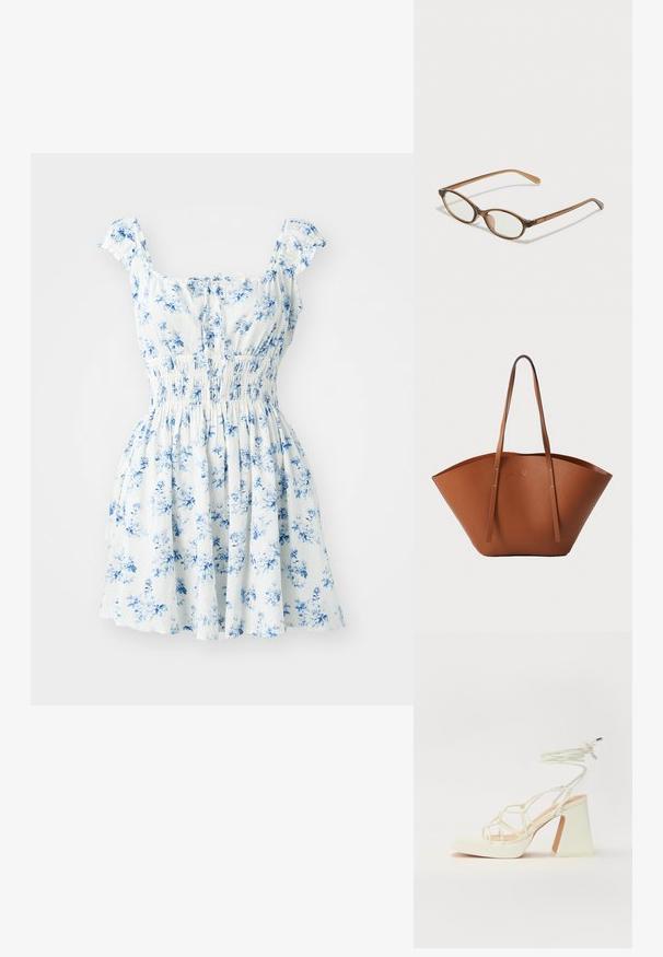 Rochie florală cu mâneci scurte volanate, material alb cu un model de flori albastre, talie elastică și fustă evazată.; Sandale albe cu toc înalt și gros, cu un design cu curele și legătură la gleznă. Textură netedă, cu o platformă frontală pentru înălțime suplimentară.; Ochelari în nuanță de țestoasă maro, cu lentile ovale, brațe subțiri și accente transparente. Prezintă un logo subtil pe tâmplă. Design elegant și ușor.; Geantă tote din piele maro, cu o formă largă și bine structurată, mânere subțiri și un finisaj texturat. Prezintă un design minimalist, fără hardware vizibil.