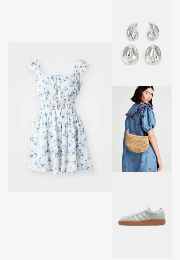 Blomstrete kjole med korte volangermer, hvit stoff mønstret med blå blomster, strikket midje og utsvingt skjørt.; Lys grå semsket lær sneakers med hvite lærdetaljer, tre hvite striper og en brun gummisåle, med en polstret krage for ekstra komfort.; Vevd stråcrossbody-veske i halvmåneform, med en glatt tekstur og en nøytral beige farge, utført med en metall skulderrem.; Sølvøredobber med to tåreformede og to avrundede former, alle med en polert, reflekterende overflate og glatt tekstur.