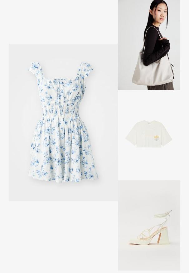 Vestido floral com mangas curtas em babados, tecido branco com padrão de flores azuis, cintura franzida e saia rodada.; T-shirt branca cropped em algodão com mangas curtas, apresentando uma graphic de palmeira amarela e onda azul no lado esquerdo do peito.; Sandálias brancas de salto alto com um salto robusto, apresentando um design com tiras e amarração no tornozelo. Textura suave com uma plataforma na frente para altura adicional.; Uma bolsa bege feita de material macio, com um design descontraído, detalhes de costura e duas alças para o ombro. Adequada para uso diário.