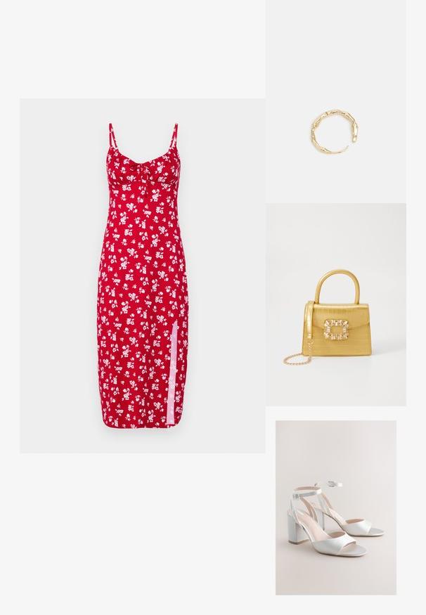 Hollister Co. BARE KNIT - Dnevna haljina - dive; Bijele sandale s blok petom, otvorenim prstima, trakama oko gležnja i srebrnim kopčama na neutralnoj bež pozadini.; Žuta torbica od umjetnog krokodila sa strukturiranim dizajnom, gornjom ručkom, odvojivim lančićem i dekorativnim kristalnim ukrasom na kopči.; Prsten u zlatnoj nijansi s organskim, uvijenim dizajnom, glatkom teksturom i suženim krajevima, koji stvara moderan, skulpturalni izgled.