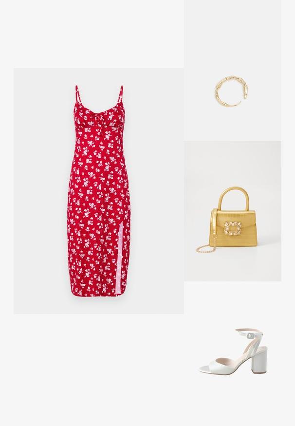 Hollister Co. BARE KNIT - Denné šaty - dive; Biele sandále na vysokom opätku so lesklým saténovým povrchom, širokým blokovým opätkom a členkovým remienkom so malou prackou. Hladký na dotyk, minimalistický dizajn.; Žltá falošná krokodília kabelka so štruktúrovaným dizajnom, horným držadlom, odnímateľným reťazovým popruhom a dekoratívnym kryštálovým ozdobením na zapínaní.; Prsteň v zlatej farbe s organickým, skrúteným dizajnom, hladkým povrchom a zužujúcimi sa koncami, vytvárajúci moderný, sochársky vzhľad.