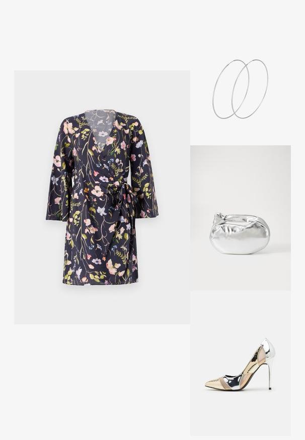 Suknelė su 3/4 ilgio rankovėmis, tamsiai mėlynos spalvos audinys su spalvingais gėlių raštais, v-formos iškirpte ir surišamu juosmeniu.; Aštrus pirštas aukštakulnis batelis su sidabro, aukso ir nuogų spalvų deriniu. Blizgus paviršius su išpjovos dizainu, su stiletto kulnu.; Sidabrinė metalinė maišelio forma su švelnia, apvalia forma ir mazgu užveriamu viršumi. Pagaminta iš lygios dirbtinės odos medžiagos.; Sidabrinės pusmėnulio auskarai minimalistiniu dizainu. Apskritimo forma, lygus paviršius ir plonas profilis. Lengvi su poliruotu apdailu.