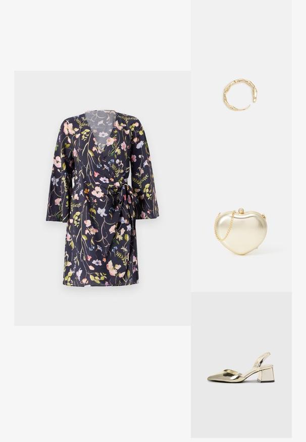 Kleita ar 3/4 piedurknēm, tumši zila auduma ar krāsainiem ziedu rakstiem, V-veida kakla izgriezums un saitēta vidukļa detaļa.; Zeltaini, metāla kurpes ar siksniņām, norakans purngalis un masīla papēdis. Gluda tekstūra, minimālisma dizains un šaura siksna.; Zelta metāla sirds formas maciņš ar ķēdes siksnu un pērļu aizdari. Gluda tekstūra, kompakta dizaina, lai ērti ievietotu mazās nepieciešamības.; Zelta toņa gredzens ar organisku, vērptu dizainu, gludu virsmu un sašaurinātiem galiem, radot mūsdienīgu, skulpturālu izskatu.