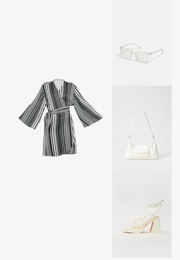 Schwarz-weiß gestreifter Morgenmantel mit weiten Glockenärmeln, Wickeldesign und Selbstbindegürtel. Glattes Material mit vertikalen Streifen für einen dynamischen Look.; Weiße High-Heel-Sandale mit einem klobigen Absatz, die über ein Riemchendesign und ein Knöchelband verfügt. Glatte Textur mit einer Plattform vorne für zusätzliche Höhe.; Klare, quadratische Kunststoffbrillen mit durchsichtigen Gläsern, die goldene Akzente an den Bügeln für zusätzliche Details aufweisen.; Weiße synthetische Handtasche in dreieckiger Form, flache Vorderklappe und Schleifendetail, verstellbarer Trageriemen, glatte Textur und minimalistisches Design.
