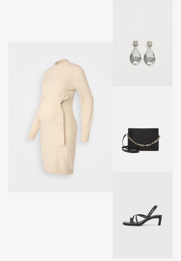 Adītas grūtniecības kleita gaiši bēšā krāsā, ar apaļu kakla izgriezumu, garām piedurknēm un jostu viduklī pielāgošanai. Gluda tekstūra.; Melnas strappy sandales ar kvadrātveida purngaliem un zemu bloku papēdi. Ievērojamas ar vairākiem plāniem siksniņām un regulējamu potītes siksniņu. Izgatavotas no gludas ādas.; Melna ādas crossbody soma ar gludu faktūru, taisnstūrveida formu un metalizētu ķēdes detaļu priekšā. Iekļauta regulējama siksna.; Sudraba pilienu auskari ar kvadrātveida auskariem, ar gludu, pulētu apdari un asaru formu, atstaro gaismu ar spīdīgu virsmu.