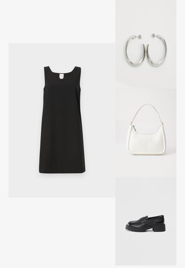 Svart ermeløs kjole med firkantet utringning og rett snitt, laget av mykt stoff. Har et minimalistisk design og ingen synlige detaljer.; Sorte lærloafers med en teksturert overflate, med en rektangulær stropp over vampen og en kraftig, klumpete såle.; Hvit lærveske med en buet fasong, med et preget "CK"-logo på forsiden og en enkel skulderstropp. Glidelåslukking på toppen.; Sølvøreringer med en jevn, buet design. Har en blank metallisk finish og en studlås. Ingen synlige mønstre eller aksenter.