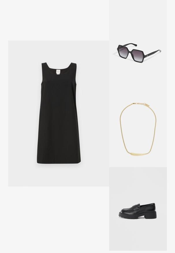 Crna haljina bez rukava sa kvadratnim izrezom i ravnim krojem, izrađena od mekog materijala. Ima minimalistički dizajn i nema vidljivih elemenata.; Crne kožne mokasine s strukturiranom površinom, koje imaju pravokutnu traku preko gornjeg dijela i robustan, nazubljen potplat.; Crne heksagonalne sunčane naočale s gradijentnim lećama, s glossy završnom obradom i suptilnim brendingom na ručki. Izrađene od izdržljive plastike.; Ogrlica s pozlatom s glatkim, zakrivljenim središnjim naglaskom. Ima fleksibilnu kariku sa kopčom na mačju i dodatne podesive karike.