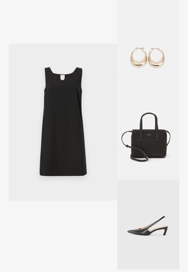 Black sleeveless dress with a square neckline and straight cut, made from soft fabric. Features minimal design and no visible hardware.; Black pointy-toed slingback shoe with a low heel, featuring smooth leather material and cut-out design on the side for breathability.; Black handbag with dual short handles and a removable shoulder strap. Smooth leather-like material with a zip closure and logo detail.; Gold-toned hoop earrings with a crescent shape, polished surface, and hinge closure. Smooth texture and reflective finish enhance visibility.