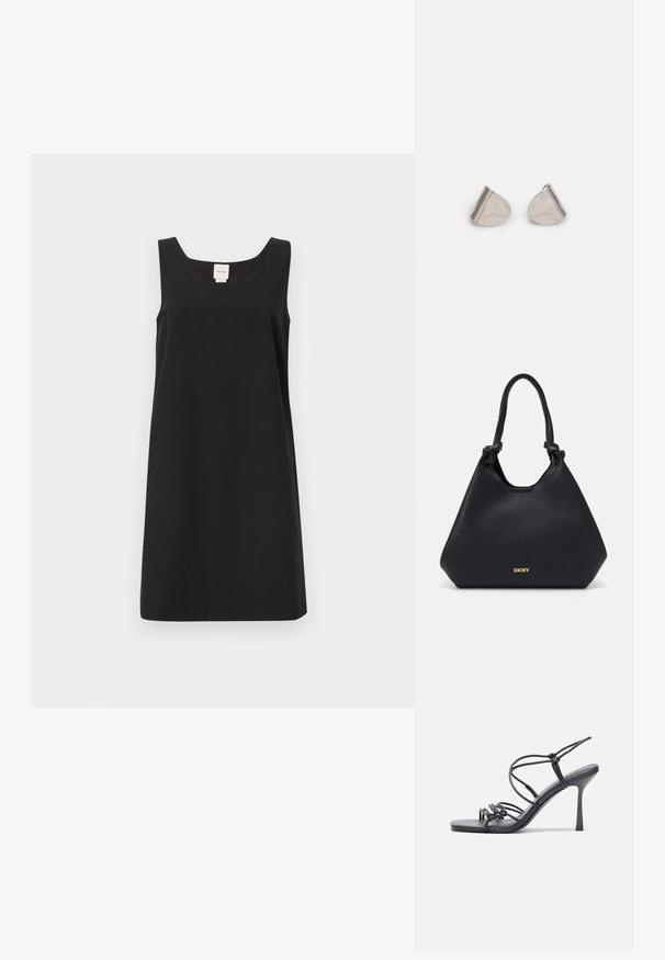 Robe sans manches noire avec un décolleté carré et une coupe droite, fabriquée en tissu doux. Présente un design minimaliste et aucun matériel visible.; Des sandales noires à talons hauts avec des fines lanières au design noué, un bout carré lisse et un talon aiguille élégant.; Sac fourre-tout en cuir noir avec une finition texturée, des accents de poignées nouées et un logo doré à la base. Présente une silhouette décontractée.; Boucles d'oreilles en métal argenté avec une forme larmoyante lisse et une finition polie. Des gravures subtiles ajoutent des détails. Design minimaliste.