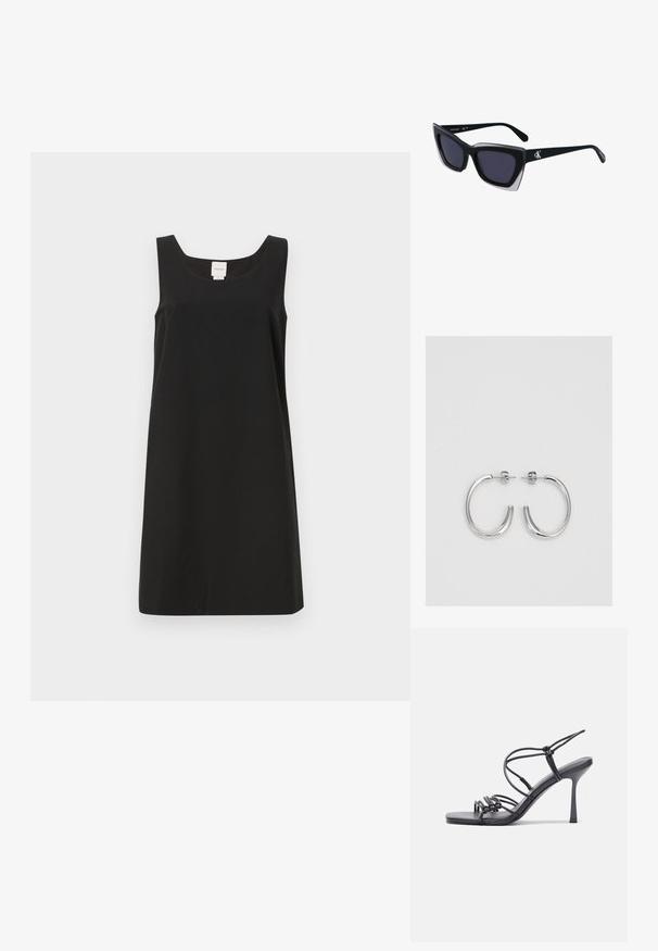 Juodas be rankovių suknelė su keturkampiu iškirpimu ir tiesiu kirpimu, pagaminta iš minkštos medžiagos. Pasirinkta minimalistinė dizaino stilistika ir nerodyti metaliniai elementai.; Juodos aukštakulnės sandalai pasižymi plonyčiais dirželiais su mazgo dizainu, lygiu kvadratiniu pirštu ir elegantišku stiletto kulnu.; Juodos didelės saulės akinių su geometrine forma, turinčiais tamsius objektyvus ir kontrastingą pilką detalę ant rėmelio. Logotipas ant šalon.; Sidabrinės auskarai žiedai su lygiu, blizgiu paviršiumi. Suapvalinta forma, lengvas dizainas, su uždarymu ant smeigtuko.