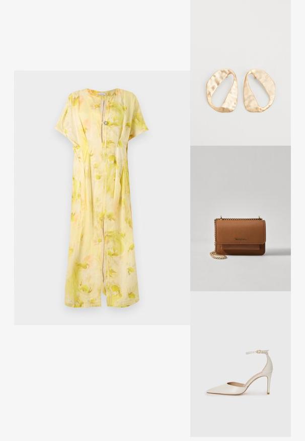 Rochie galbenă din in cu model floral; mâneci scurte, decolteu în V și detaliu cu nasturi la piept. Siluetă fluidă și design până la genunchi.; Pantofii înalți din piele albă, cu vârf ascuțit, curea la gleznă și toc subțire de tip stiletto. Textură netedă cu un finisaj subtil lucios.; Geantă crossbody din piele texturată maro, cu curea din lanț aurit și închidere cu clapetă. Partea din față prezintă detalii cu logo și o buzunar sub clapetă.; O pereche de cercei din metal de culoare aurie, cu formă ovală neregulată, având o suprafață texturată, ușor ciocănită, pe un fundal alb.