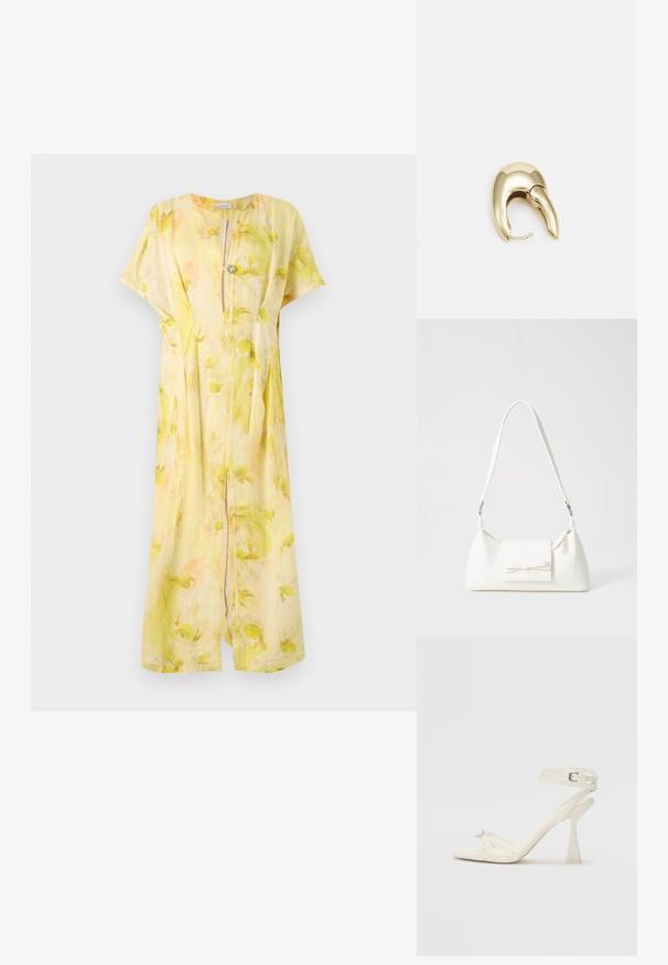 Rochie galbenă din in cu model floral; mâneci scurte, decolteu în V și detaliu cu nasturi la piept. Siluetă fluidă și design până la genunchi.; Sandalele cu toc înalt, cu bretele, din piele albă, cu un design elegant, toc transparent și un element decorativ la vârf.; Geantă sintetică albă, cu formă triangulară, capac frontal plat și detaliu cu fundă, curea ajustabilă, textură netedă și design minimalist.; Cercei din metal de culoare aurie cu un design elegant și curbat. Prezintă o formă distinctivă, ascuțită, o suprafață lustruită și un sistem de închidere cu balama.