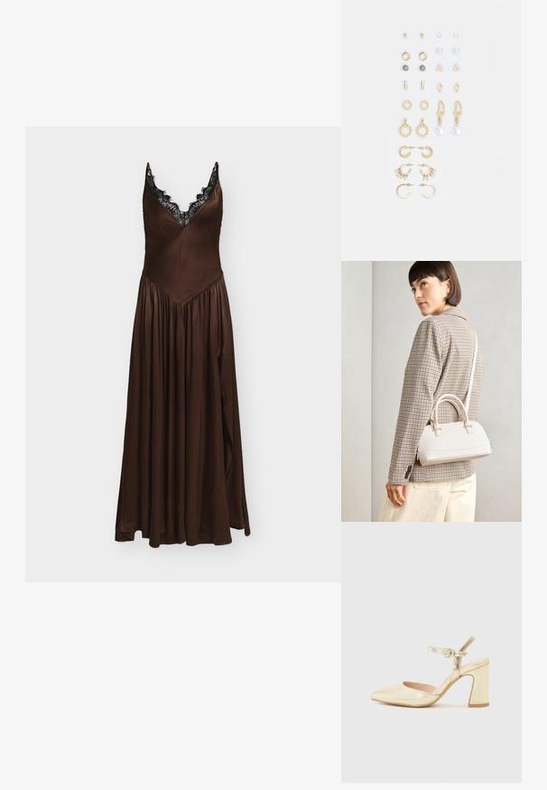 Brown satin dress with a flowing skirt, deep V-neck, and black lace trim on the neckline. Features gathered fabric for added texture.; Gold metallic heeled shoe with a pointed toe, an ankle strap featuring a circular clasp, and a chunky heel design. Smooth texture.; White structured handbag with short handles and a shoulder strap, featuring gold hardware accents and textured material, displayed against a grey background.; Set of gold-tone earrings featuring various designs, including studs, hoops, and dangling pieces with pearls and rhinestones.