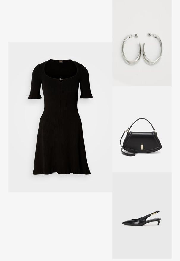 Abito nero a coste con scollatura rotonda e maniche corte a volant, che si allarga leggermente dalla vita. Nessun ulteriore dettaglio visibile.; Tacchi slingback in pelle nera con punta affusolata, caratterizzati da un tacco alto e un accento dorato sulla cinghia regolabile. Texture liscia.; Borsa a mano in pelle nera con un design strutturato, caratterizzata da una forma corta, manico superiore e accessori in metallo dorato. Inclusa tracolla regolabile.; Orecchini a cerchio argentati con un design liscio e curvo. Presentano una finitura metallica lucida e una chiusura a perno. Nessun motivo o accentuazione visibile.