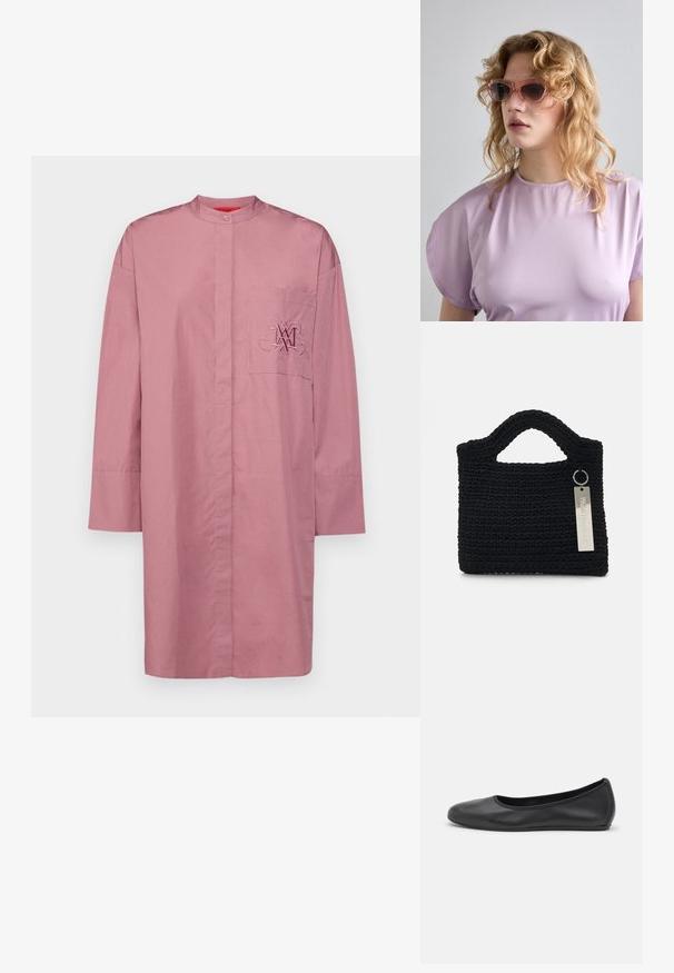 Dlouhá rukáv, košilové tričko z měkkého růžového bavlny. Obsahuje přední kapsu s vyšívaným logem. Rovný lem a uvolněný střih.; Černé kožené baletní byty s kulatou špičkou, hladkou texturou, minimálními švy a flexibilním designem podrážky.; Růžově zabarvené sluneční brýle s geometrickým rámem, doplněné o měkký levandulový top s kulatým výstřihem a krátkými rukávy.; Won Hundred MARSIELLE COMPUTER BAG UNISEX - Taška na laptop - black