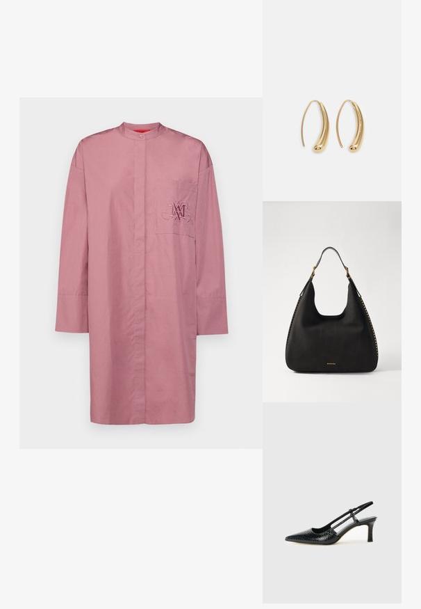 Camicia a maniche lunghe con colletto in cotone rosa chiaro. Presenta una tasca frontale con dettagli di logo ricamato. Orlo dritto e vestibilità rilassata.; Slingback con tacco in vernice nera con punta affusolata, caratterizzato da una stampa a serpente testurizzata, cinturino regolabile e un tacco corto e testurizzato.; MICHAEL Michael Kors NOLITA HOBO  - Borsa a mano - black; Orecchini a cerchio in metallo color oro con forma curva ed allungata. Presentano una superficie liscia e lucida e una punta arrotondata per un tocco di dettaglio in più.