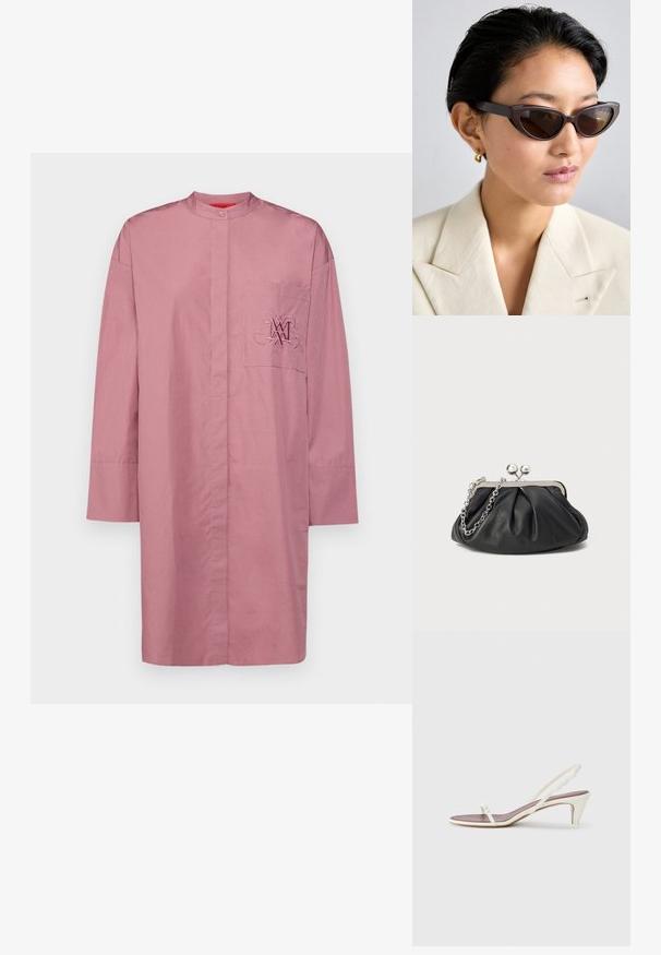 Dlhý rukáv, košeľa s golierom z mäkkej ružovej bavlny. Obsahuje predné vrecko s vyšívaným logom. Priamy lem a uvoľnený strih.; Biele sandále na opätku so slabým podpätkom, tenkými pásikmi a hladkým koženým povrchom; obsahujú malú dekoratívnu sponu.; Hnedé slnečné okuliare cat-eye s tmavými sklami, s hrubými rámami a hladkým povrchom, skombinované s béžovým sako a zlatými kruhovými náušnicami.; Čierna kožená kabelka s vrúbkovou textúrou, strieborným kovovým rámom, uzáverom na pobozkanie a retiazkou na nosenie. Hladký, jemný povrch.
