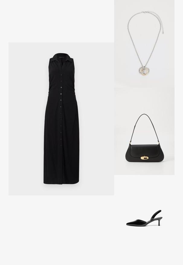 Black sleeveless maxi dress with a collar, buttoned front, and gathered side detailing, crafted from soft, stretchy fabric.; Black patent leather slingback heels with a pointed toe, low stiletto heel, and a sleek, simple design without embellishments.; Black leather handbag with a curved design, gold-tone hardware, and a top handle. Features a sleek closure and smooth texture.; Silver chain necklace featuring three interlocking rings: two silver and one gold, with a smooth finish and a lobster clasp closure.
