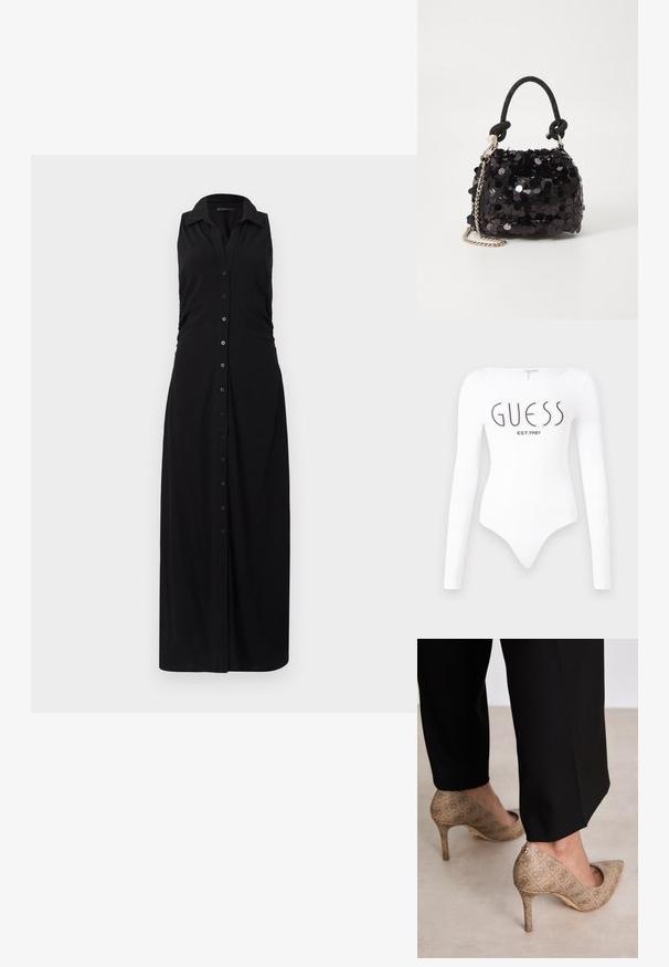 Juoda be rankovių maksi suknelė su apykakle, mygtukais priekyje ir susiraukšlėjimo detale šone, pagaminta iš minkštos, tamprios medžiagos.; Baltos ilgomis rankovėmis bodis su apvaliu iškirpimu. Priekyje juodu spalva yra atspausdinta "GUESS" logotipas ir "EST.1981". Lygus paviršius.; Smėliniai aukštakulniai bateliai su tekstūruotu audiniu, kuriame yra pasikartojanti tekstūra. Išgaubtas pirštas, su užpakaline akcentu ir auksiniu kulno detaliu.; Juodas blizgučių mini rankinukas su mazguotu tekstūruotu dirželiu ir sidabro grandine. Suapvalinta forma su susiraukšlėtopu ir atspindinčiomis detalėmis.