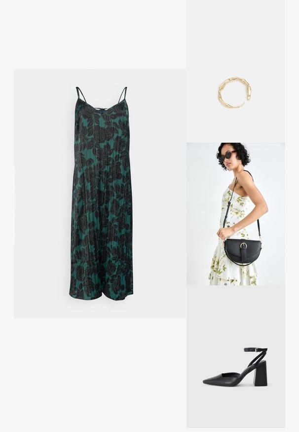 Vestido de verano floral en tela verde oscuro con patrones de peonía negra, con tirantes finos y una silueta fluida.; Zapato de tacón puntiagudo de cuero negro con tira en el tobillo y tacón ancho. Textura plana, diseño elegante y estética minimalista.; Bolso de piel negra con forma curva, correa desmontable y herrajes dorados. El bolso cuenta con una solapa con un detalle de hebilla.; Anillo en tono dorado con un diseño orgánico y retorcido, con una textura suave y extremos cónicos, creando una apariencia moderna y escultórica.