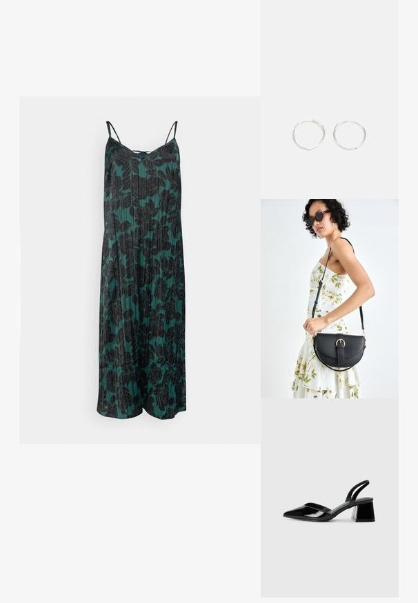 Tamsiai žalia gėlėta suknelė su juodomis peonijų raštais, pasižyminti plonomis petnešėlėmis ir plačiu siluetu.; Juodos lakuotos odinės šlepetės su smailiu pirštu ir geometriniu bloko kulnu. Turi elegantišką, minimalistinį dizainą ir lygų paviršių.; Juodas odinis krepšys su išlenkta forma, nuimamu dirželiu ir auksiniais detalėmis. Krepšys turi kilpą su sagtimi.; Sidabrinės auskarai žiedai su sėslia, apvalia forma, pasižymintys lygia paviršiumi ir be matomų puošmenų. Svoris nenurodytas.