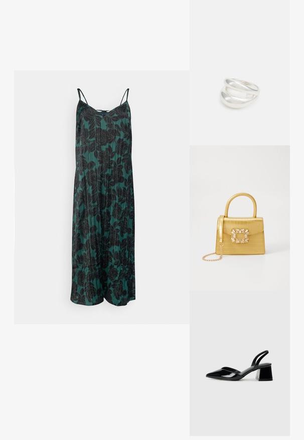 Cvjetna haljina na naramenice tamnozelene boje s uzorkom crnih božura, karakterizirana tankim naramenicama i slobodnim siluetom.; Crne lakirane kožne sandale s otvorenom petom i špicastim vrhom, s geometrijskom blok petom. Imaju elegantan, minimalistički dizajn i glatku teksturu.; Žuta torbica od umjetnog krokodila sa strukturiranim dizajnom, gornjom ručkom, odvojivim lančićem i dekorativnim kristalnim ukrasom na kopči.; Srebrna dvostruka prsten s glatkom, poliranom površinom. Karakterizira ga fluidan, zakrivljen dizajn s preklapajućim sekcijama za moderan izgled.