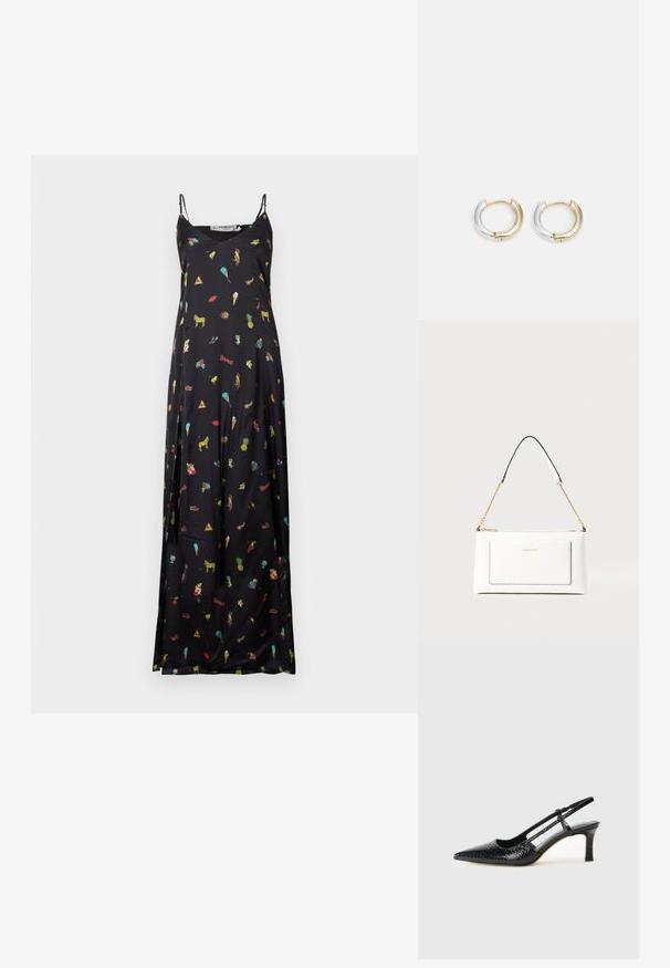 Vestido maxi sem mangas preto com alças finas, apresentando pequenas estampas coloridas de animais, comida e outros ícones divertidos.; Salto slingback em patente preta com bico apontado, apresentando um padrão de pele de cobra texturizado, tira ajustável e um salto bloco curto e texturizado.; Bolsa de mão branca em couro com acabamento texturizado, featuring a corrente dourada e detalhes pretos. Inclui um bolso frontal e fecho com zipper.; Brincos de argola em ouro e prata com um acabamento metálico misto, apresentando um design curvado e suave e um fecho sem emendas.
