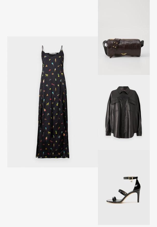 Crna maxi haljina bez rukava s tankim naramenicama, ukrašena raznobojnim malim tiskovima životinja, hrane i drugih razigranih ikona.; Crna kožna košulja s gumbima sprijeda, šiljastim ovratnikom i dva džepa na prsima. Ima širok kroj i glatku teksturu.; Crne lakirane kožne sandale s tri trake, kopčom na zapešću i potpeticom od 10 cm. Sadrže zlatne detalje i privjesak s logotipom.; Smeđa torba od kože s embosiranim krokodilskim uzorkom, cilindričnog oblika, zlatne hardverske detalje i odvojivu naramenicu sa čavlima.