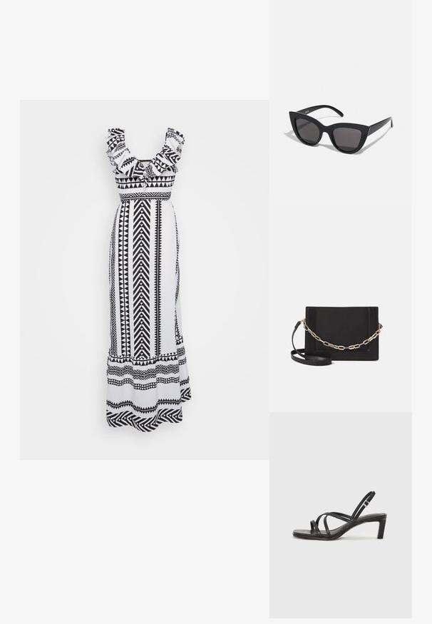 Sukienka maxi w czerni i bieli, z falbaniastymi ramiączkami oraz geometrycznymi wzorami w zygzaki i trójkąty. Dopasowana talia i rozszerzany dół.; Czarne sandały na obcasie z prostokątnym noskiem i niskim słupkowym obcasem. Posiadają wiele cienkich pasków i regulowany pasek na kostkę. Wykonane z gładkiej skóry.; Czarne okulary przeciwsłoneczne w kształcie kociego oka z matowym wykończeniem, z szarymi soczewkami, ostrymi kątami i smukłymi bocznymi ramionami. Nazwa marki widoczna na wewnętrznej części ramienia.; Czarna skórzana torebka typu crossbody z gładką teksturą, prostokątnym kształtem oraz metalowym detalem w postaci łańcuszka z przodu. W zestawie regulowany pasek.