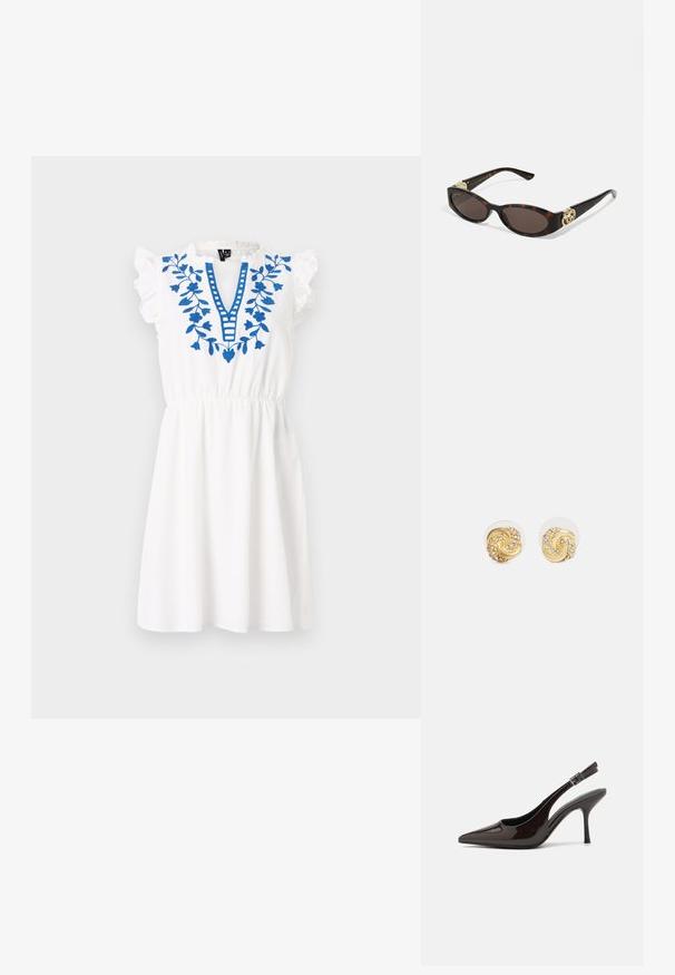 Hvit kjole med korte volangerm, med blå blomsterbroderi og V-hals-design. Elastisk midje og kne-lengde skjørt.; Slingback høyhælte sko i blankt mørkebrunt patentlær, spiss tå, åpne sider og justerbar ankelrem.; Skilpadde-solbriller med avlange ovale linser, brun tint, gull-logo aksenter på stengene og elegante svarte armer.; Gullige svungne øreringer med klar bakgrunn, som har teksturerte gullakenter og små klare edelstener innebygd i designet.