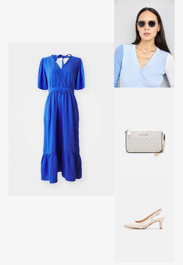 Zils kokvilnas kleita ar īsām pūkainām piedurknēm, atslēgvārsta dekoltē un slāņotu svārku. Audumam ir teksturēta apdare.; Baltas siksniņveida papēdis ar smailu purngalu, gludu augšējo materiālu, zemu blokpapēdi un sānu izgriezumu dizainu ar regulējamu sprādzi.; Apaļas saulesbrilles ar tumšiem objektīviem un zeltītām rāmēm. Modelis valkā gaiši zilu, ribotu kardigānu ar pogām un kontrastējošām baltām piedurknēm.; Michaela Korsa rokassomi bez̦ā īšojuma, kas izgatavota no apklāta kanvas, iekļaujot atkārtotu MK logotipa rakstu, zelta aparatūru un noņemamu ķēdes siksnu.