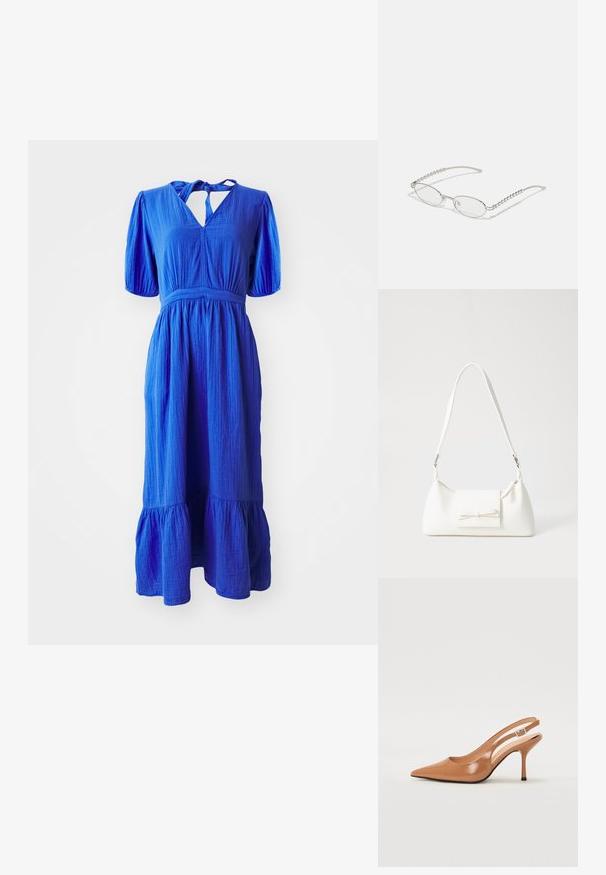 Kék pamutruha rövid puffos ujjakkal, kulcslyuk kivágással és lépcsős szoknyával. Az anyag texturált felületű.; Fingerszűk, hegyes orrú, háttámlás sarokcipő sima, fényes barnás anyagból. Íves kivágású dizájn és karcsú stiletto sarkú. Ezüst csattal ellátva.; Ovális szemüveg fém ezüst kerettel, átlátszó lencsékkel és texturált gyöngyös szárakkal. Könnyű kialakítás ívelt karokkal.; Fehér szintetikus kézitáska, háromszög alakú, lapos előlap, masni részlettel, állítható pánttal, sima textúrával és minimalista dizájnnal.