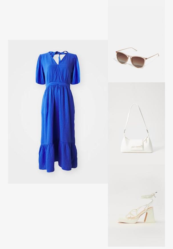 Mėlyna medvilninė suknelė su trumpomis pūstomis rankovėmis, rakto formos iškirpte ir sluoksniuota sijona. Audinys turi tekstūruotą paviršių.; Balti aukštakulniai sandalai su masyviu kulnu, su dirželių dizainu ir kulkšnies raiščiu. Lygi tekstūra su platforma priekyje, suteikianti papildomą aukštį.; Rudi gradientiniai saulės akiniai su permatomu rožiniu rėmeliu, kvadratinės formos ir plonomis metalinėmis šakėmis. Yra su apvalintais kraštais ir minimaliais dekoratyviniais elementais.; Balta sintetinė rankinė trikampio formos, plokščiu priekiu su užsegimu, kaspino detale, reguliuojama dirželiu, lygia tekstūra ir minimalistišku dizainu.