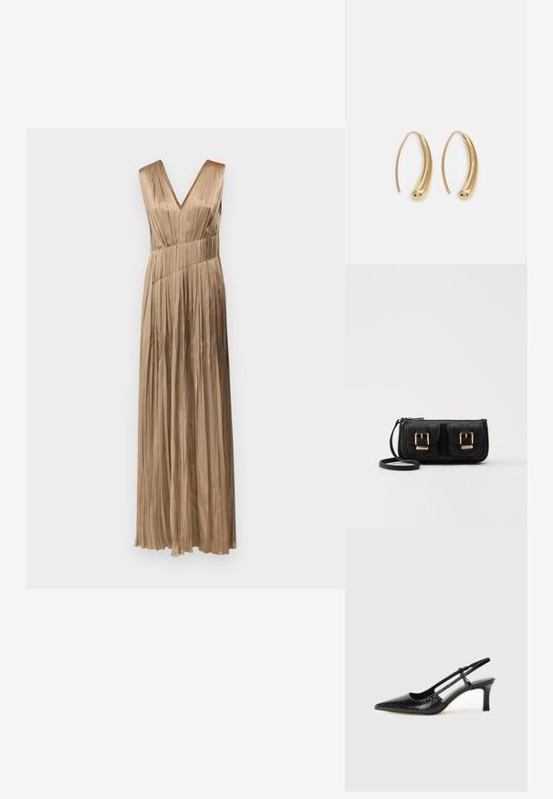 Lang, plisset kjole i en lys beige farve med V-udskæring og brede skulderstropper. Fremstillet af glat, tekstureret stof.; Sorte patent slingback hæl med spids tå, prydet med tekstureret slangeskindsmønster, justerbar rem og en kort, tekstureret blokhæl.; Sort læder crossbody taske med to frontlommer, guldspænder, lynlåslukning og en slank rem. Struktureret overflade og kompakt rektangulær form.; Guldfarvede metal hoops øreringe med en bøjet, forlænget form. Har en glat, skinnende overflade og en afrundet spids for ekstra detalje.